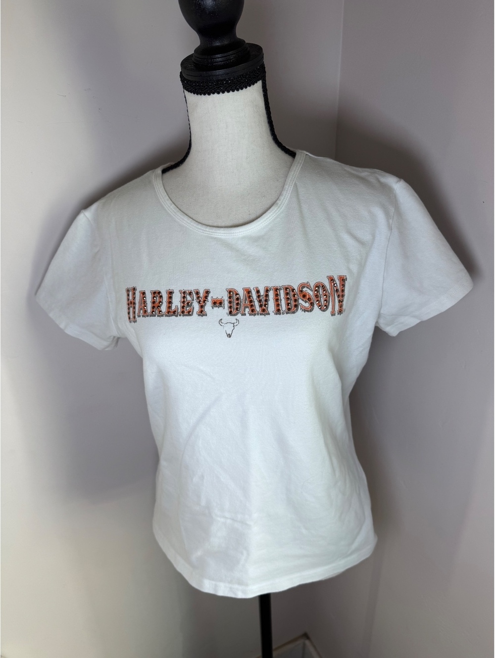 Harley-Davidson Women’s White Rhinestone Logo T-Shirt Made in USA Size L